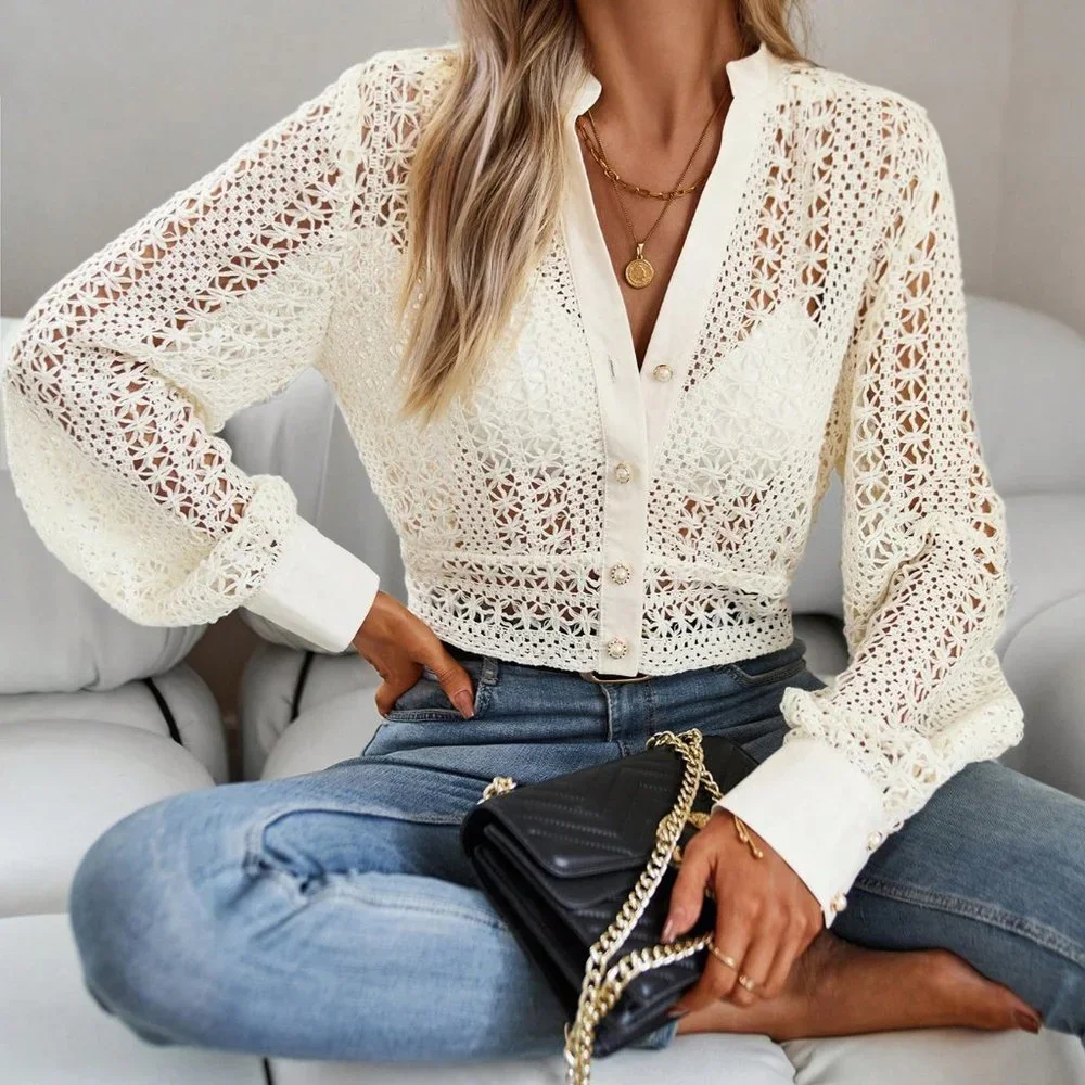 White Preppy Womens Hollow Out Button Front Crop Blouse